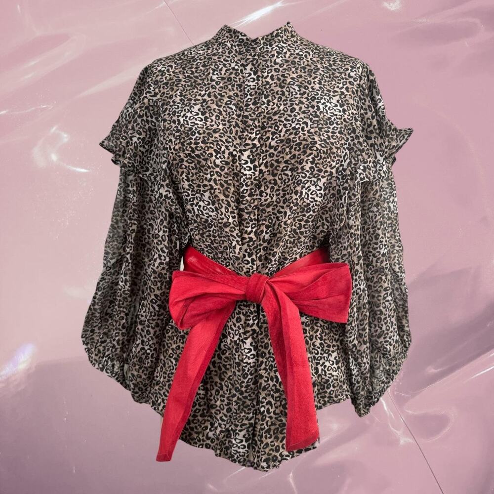 Y2K Saloni leopard print ruffle balloon sleeve silk blouse romantic cottage core